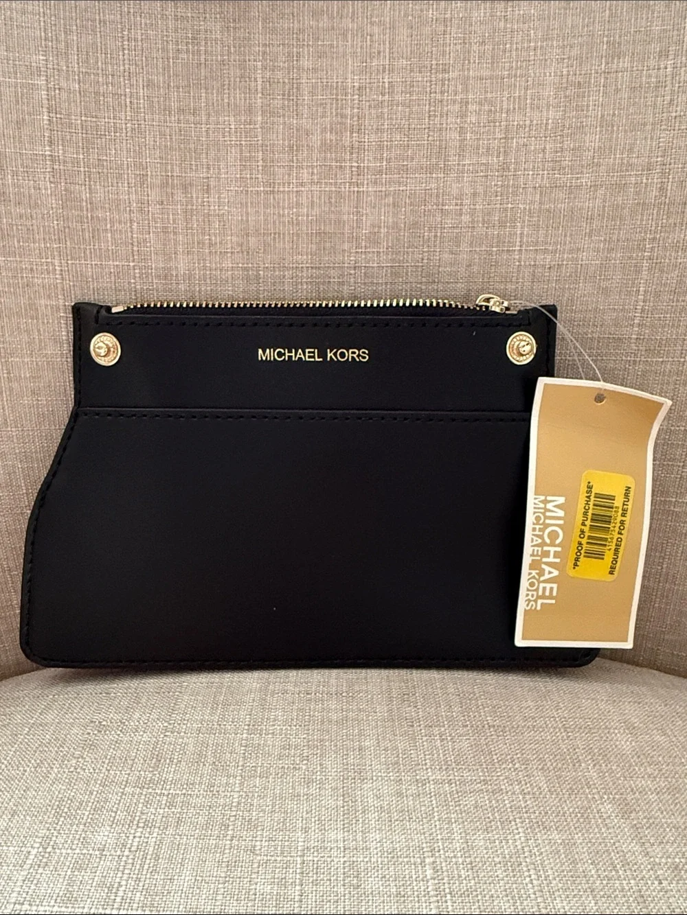 MICHAEL KORS Black Leather Wristlet Clutch with Gold Hardware